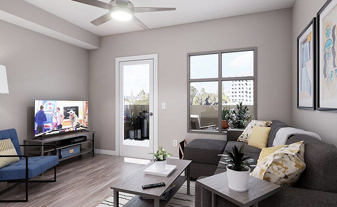 Apartment living room render at The Standard at Berkeley